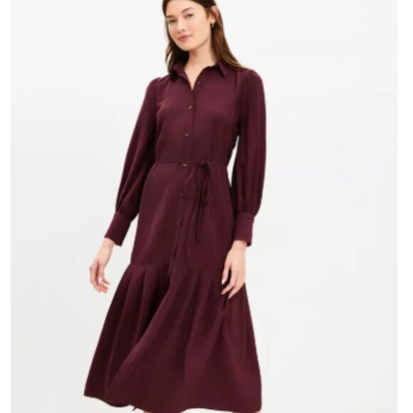 LOFT Dresses & Skirts - LOFT Burgundy Pleated Tie Waist Midi Shirtdress Size 6P NWT